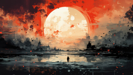 A lone figure stands near a reflective body of water, with a vibrant red sun setting behind a moody landscape of clouds and ruins