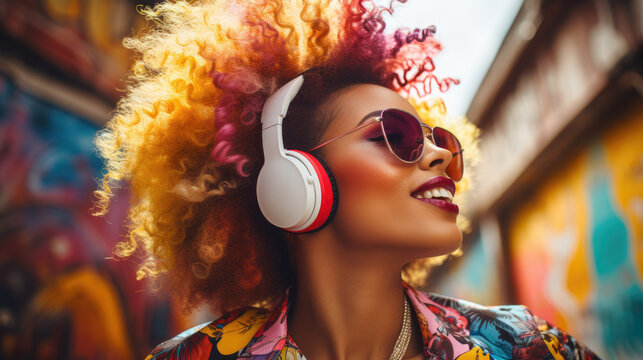 A young black african american woman with vibrant multi-colored curly hair smiles, wearing sunglasses and wireless headphones, standing against a colorful graffiti backdrop