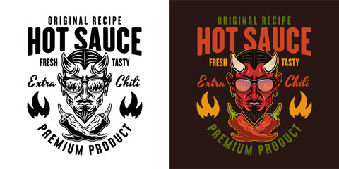 Hot sauce vector emblem, label, badge with devil head illustration in two styles black on white and colorful