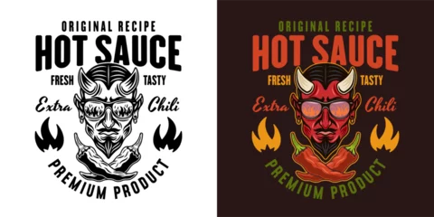 Fotobehang Hot sauce vector emblem, label, badge with devil head illustration in two styles black on white and colorful © Flat_Enot