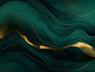 Abstract dark green ink acrylic splashes background with fine golden elements 