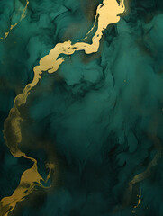 Abstract dark green ink acrylic splashes background with fine golden elements 