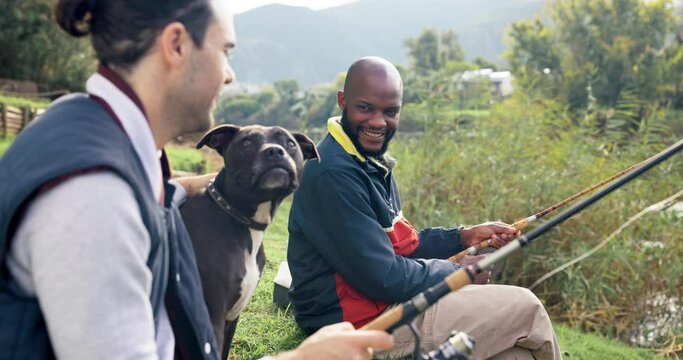 Fishing, friends and men with dog at a lake relax, bond and having fun with conversation in nature. Forest, break and fisher people chilling with their pet at a river bank talking or waiting for fish
