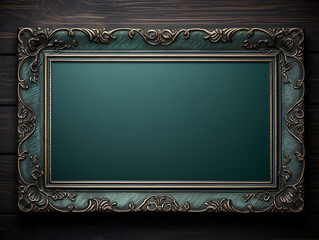 Empty wooden frame on dark green background, abstract background with copy space