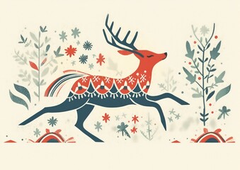 beautiful ornamented scandinavian folklore style deer, suitable for christmas greeting cards - ai-generated