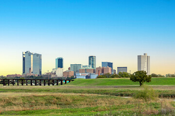 skyline of Fort worth seen from the river Trinity park, Texas