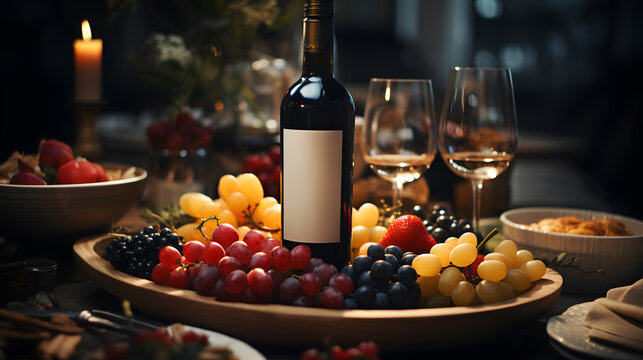 bottle of wine and glass wine on a decorated table with fresh grapes 