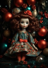Obraz na płótnie Canvas cute vinted doll under the christmas tree - ai-generated