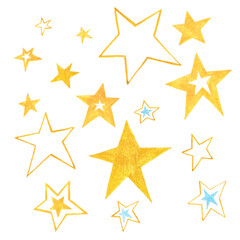 Watercolor gouache illustration.Gold stars of different sizes on a white background.