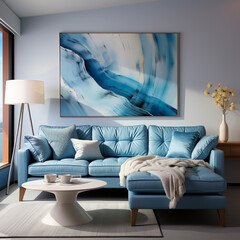 Modern blue living room design with sofa and furnitur