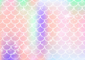 Rainbow scales background with kawaii mermaid princess pattern.