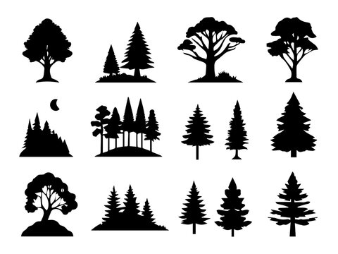 set of trees silhouettes icons , black and white , nature vector