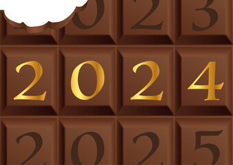Carte de vœux 2024 avec une tablette de chocolat au lait en partie croquée pour symboliser le plaisir et la gourmandise.
