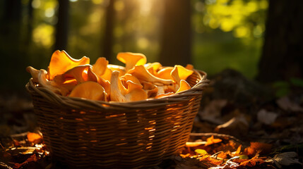 Chanterelle mushrooms in a wooden basket on the blurred forest background. Generative AI