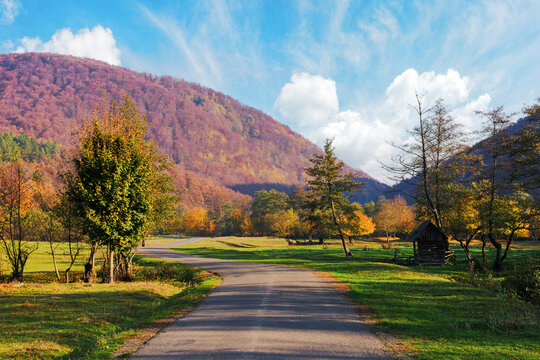 country road through rural valley in morning light. autumnal scenery with forested hills in fall colors. misty weather on a sunny forenoon