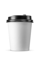 Disposable paper cup with black plastic lid for hot beverages to go isolated. Transparent PNG image.