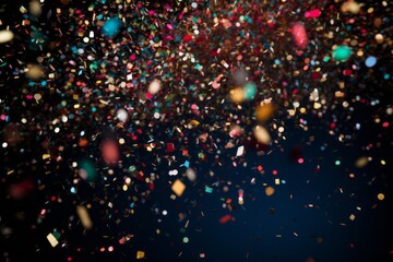Obraz na płótnie Canvas Confetti bursting into the air in a multi colored, signifying the festive and joyous atmosphere of New Year's Eve. Generative Ai