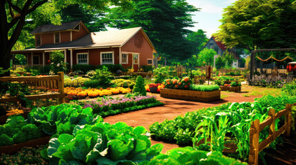 Fototapeta na wymiar Lush Suburban Community Garden with Variety of Plants and Vegetables