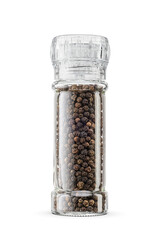 Pepper grinder. Black peppercorn mill isolated. Transparent PNG image.