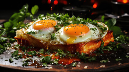 Delicious Breakfast Scene with Fried Eggs and Herbs on a Black Plate