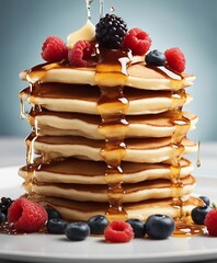 Delicious pancake with honey and fruits at kitchen, exploding ingredients. copy space for text - obrazy, fototapety, plakaty