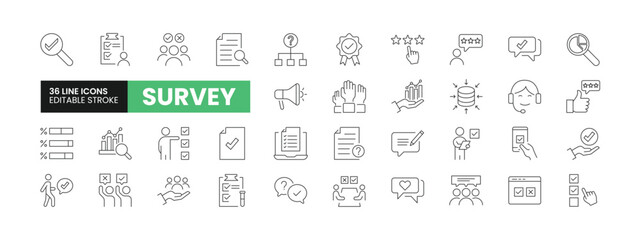 Set of 36 Survey and Feedback line icons set. Survey outline icons with editable stroke collection. Includes Online Survey, Feedback, Data Collection, Quality, Satisfaction, and More. - obrazy, fototapety, plakaty