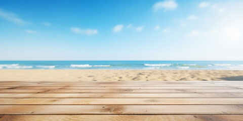 Fototapeta premium Wood table mockup with blue soft sky background. Empty copy space for product presentation. Generative AI