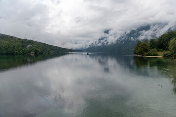 Fototapeta na wymiar Colorful summer morning on the Bohinj lake in Triglav national park Slovenia, Alps, Europe.