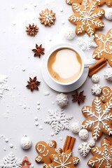 Clean empty background with a chrismas decorations, cookies, cinamon, chocolate. Copy space for text. Good for banners