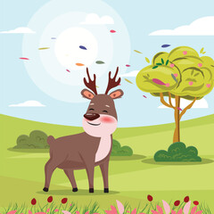 Obraz na płótnie Canvas Beautiful illustration of a cute reindeer on the spring landscape background.