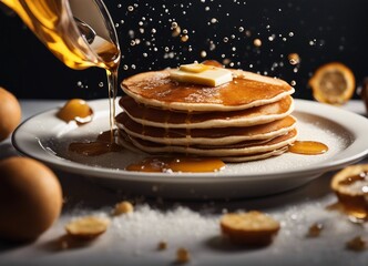 Delicious pancake with honey and fruits at kitchen, exploding ingredients. copy space for text