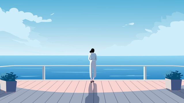 Freedom, Independent woman looking at the beach from Balcony