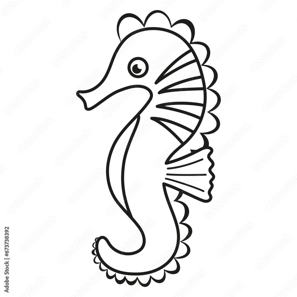 Wall mural vector illustration of cute cartoon seahorse in flat style isolated on white, black and white card of sea animal character