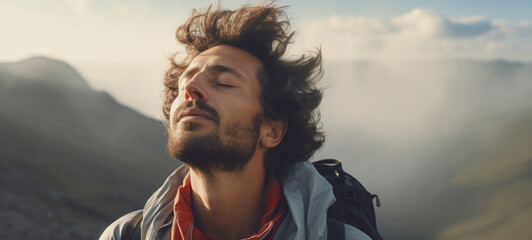 Close-up of a man breathing in fresh air on hiking trail or meditation for mental health - obrazy, fototapety, plakaty