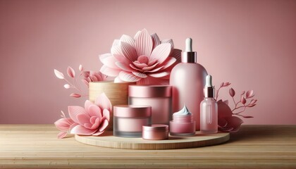 A vibrant display of nature's beauty, as a group of pink containers and flowers adorn an indoor wall and table, showcasing natural face care products with the delicate elegance of vases and roses