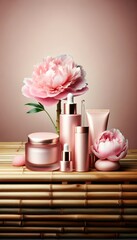 A blooming rose rests delicately in a ceramic vase amidst a stylish indoor mockup of pink beauty products, adding a touch of natural elegance to the centrepiece on the coffee table
