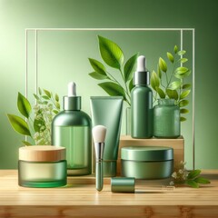 Invigorate your senses with a vibrant tableau of natural beauty - lush green containers overflowing with nourishing face care products, arranged on a table against a wall with variety of potted plant
