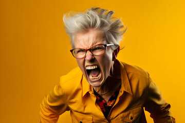 Angry senior Caucasian woman with glasses yelling, head and shoulders portrait on yellow background. Neural network generated image. Not based on any actual person or scene. - obrazy, fototapety, plakaty