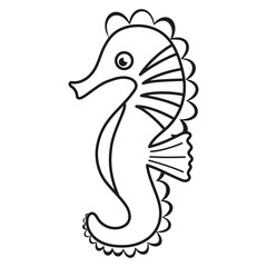 vector illustration of cute cartoon seahorse in flat style isolated on white, black and white card of sea animal character