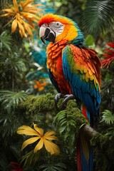a macaw with dazzling plumage takes center stage in dense Brazilian tropical rainforest where sunlight filters through the lush green canopy. Generative AI.