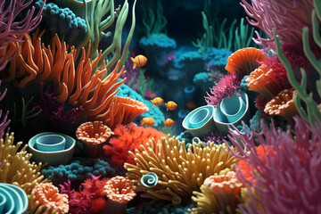 Naklejka na ściany i meble Experience scuba diving from your screen with this 3D underwater backdrop featuring a beautiful, natural ocean landscape filled with aquatic life.