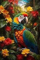 a macaw with dazzling plumage takes center stage in dense Brazilian tropical rainforest where sunlight filters through the lush green canopy. Generative AI.