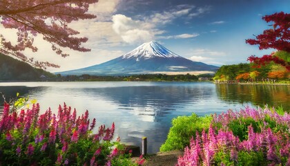 The breathtaking Mount Fuji stands majestically over a serene lake, surrounded by vibrant flowers and lush trees