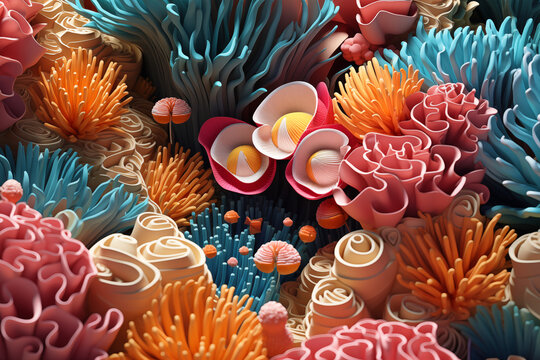 Deep blue water and vibrant coral frame the animated marine life in this 3D illustration, ideal for an undersea adventure wallpaper.
