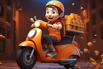 3D cartoon Boy Riding An Orange Delivery Scooter