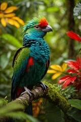 A resplendent quetzal with dazzling plumage takes center stage in dense Brazilian tropical rainforest where sunlight filters through the lush green canopy. Generative AI.