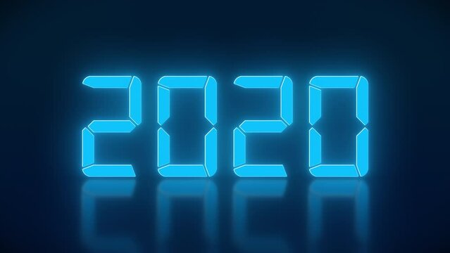 Video animation of an LED display in blue with the continuous years 2000 to 2024 on a reflective floor - represents the new year 2024 - holiday concept.