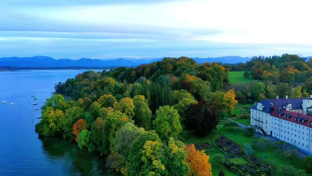 Aerial view, flight at Bernried Monastery, Lake Starnberg, Pfaffenwinkel, Upper Bavaria, Bavaria, Germany, Europe