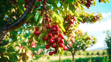 Obraz premium Ripe and Delicious Cherries Ready for Harvesting in a Cherry Farm