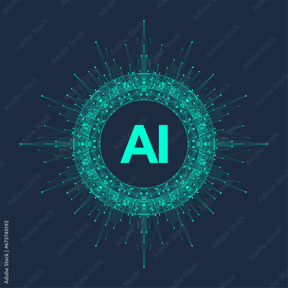 Poster Artificial Intelligence. Future Tech Logo AI. Artificial Intelligence and Machine Learning Concept. Vector symbol AI. Neural networks and another modern technologies concepts